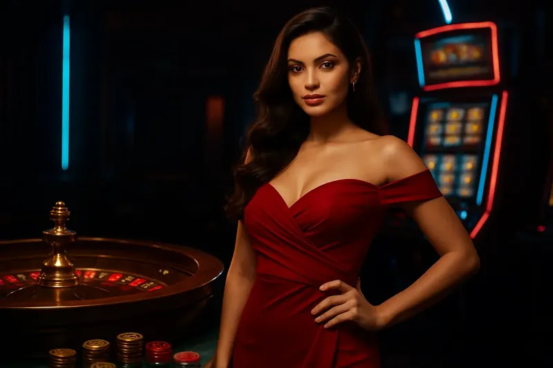 Beautiful woman in red dress posing confidently near roulette and slot machines with gold coins and poker chips in a luxury Bangladesh casino setting