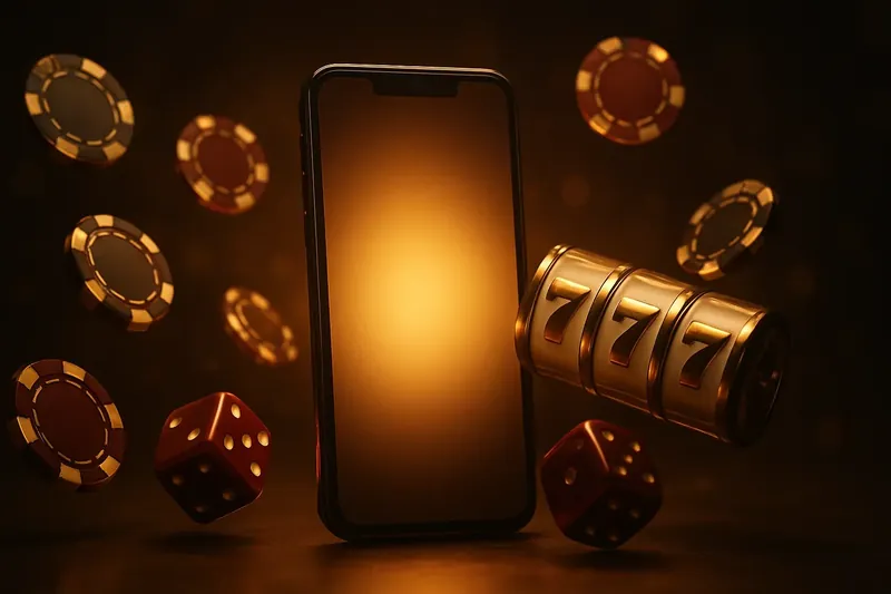 Glowing smartphone surrounded by casino chips, slot reels, and dice on dark gold background